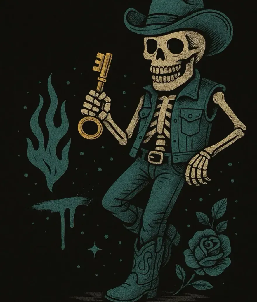 A skeleton wearing a cowboy hat and denim vest stands holding a key with a blue flame and a rose on a black background.