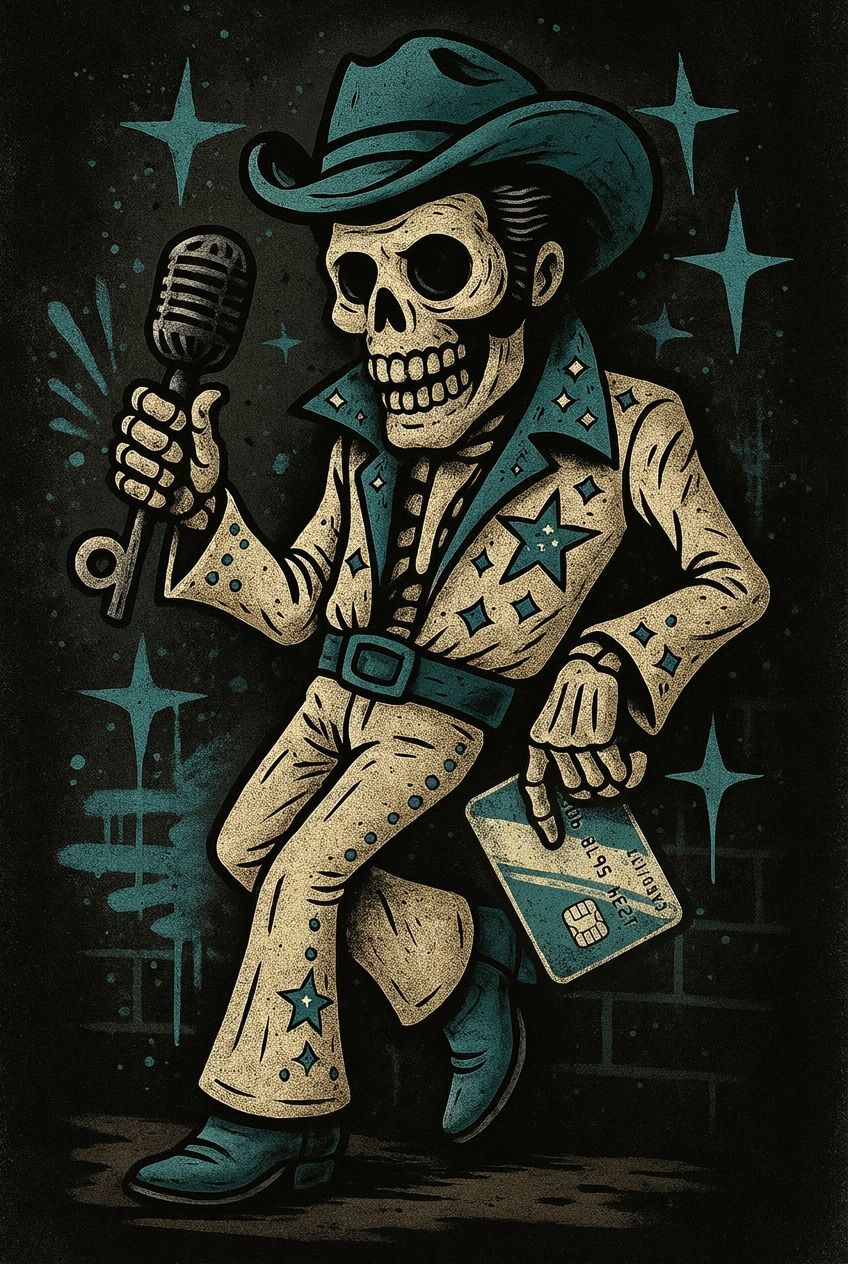 A stylized skeleton wearing a blue cowboy hat and suit, holding a vintage microphone against a dark, starry background.