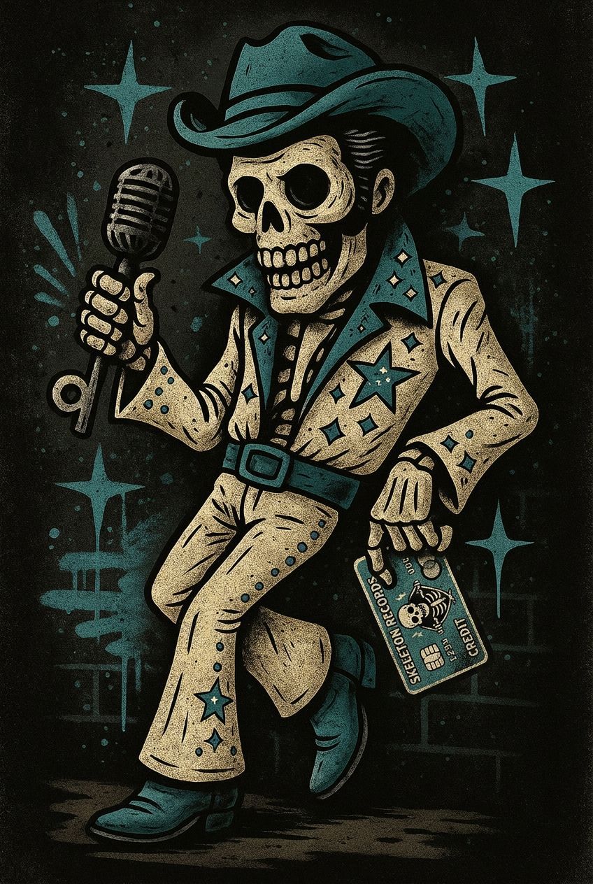 A skeleton dressed in a star-patterned cowboy suit holds a vintage microphone and a playing card against a dark background.