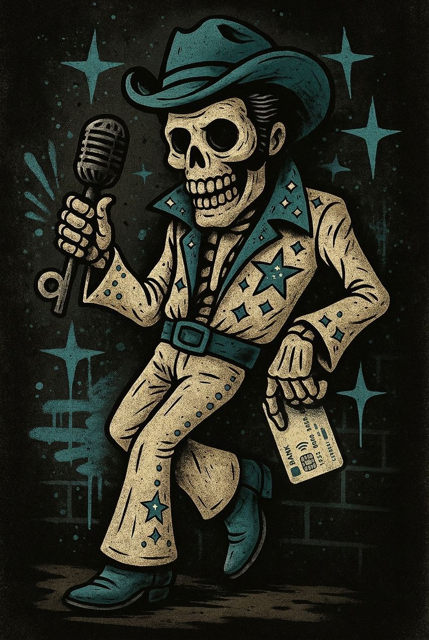 A skeleton dressed in a star-patterned cowboy suit and hat holds a microphone, leaning against a dark brick background.