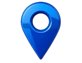 A glossy, 3D blue map location pin icon on a white background.