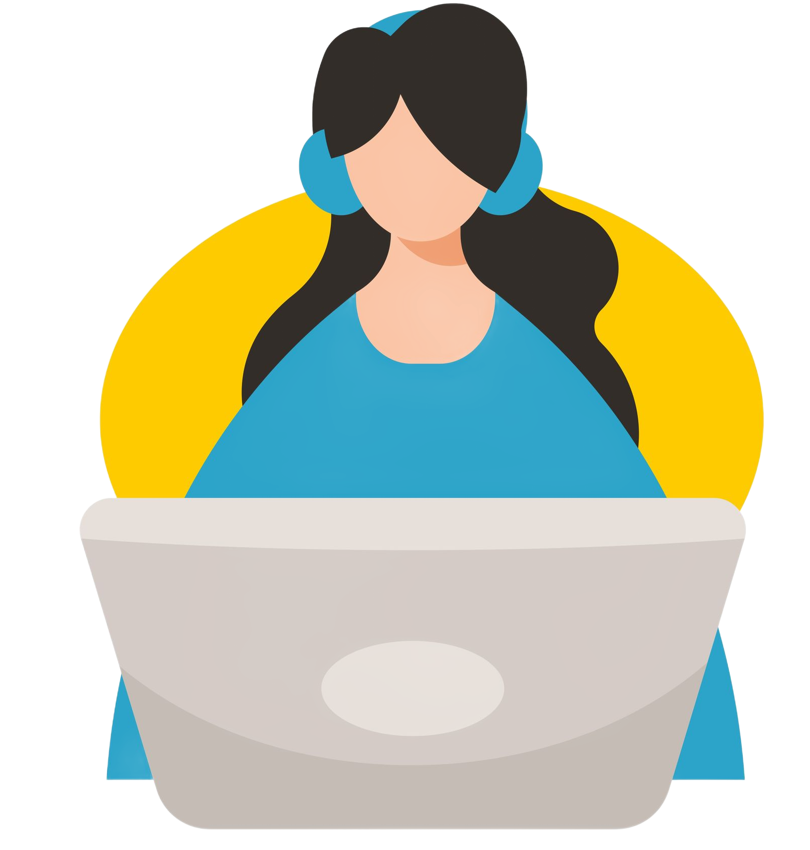 A person wearing blue headphones uses a laptop against a circular yellow background.