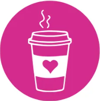 A cup of coffee with a heart on it in a pink circle.