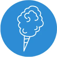 A line drawing of cotton candy on a cone in a blue circle.