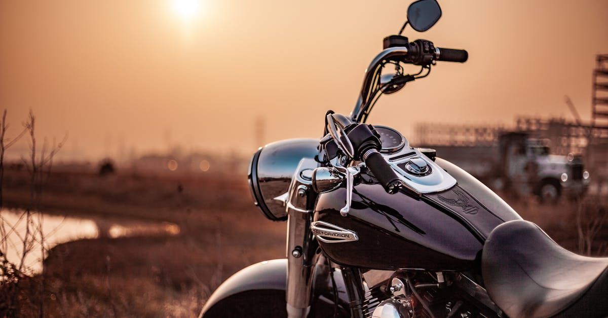 A motorcycle is parked in a field at sunset.
