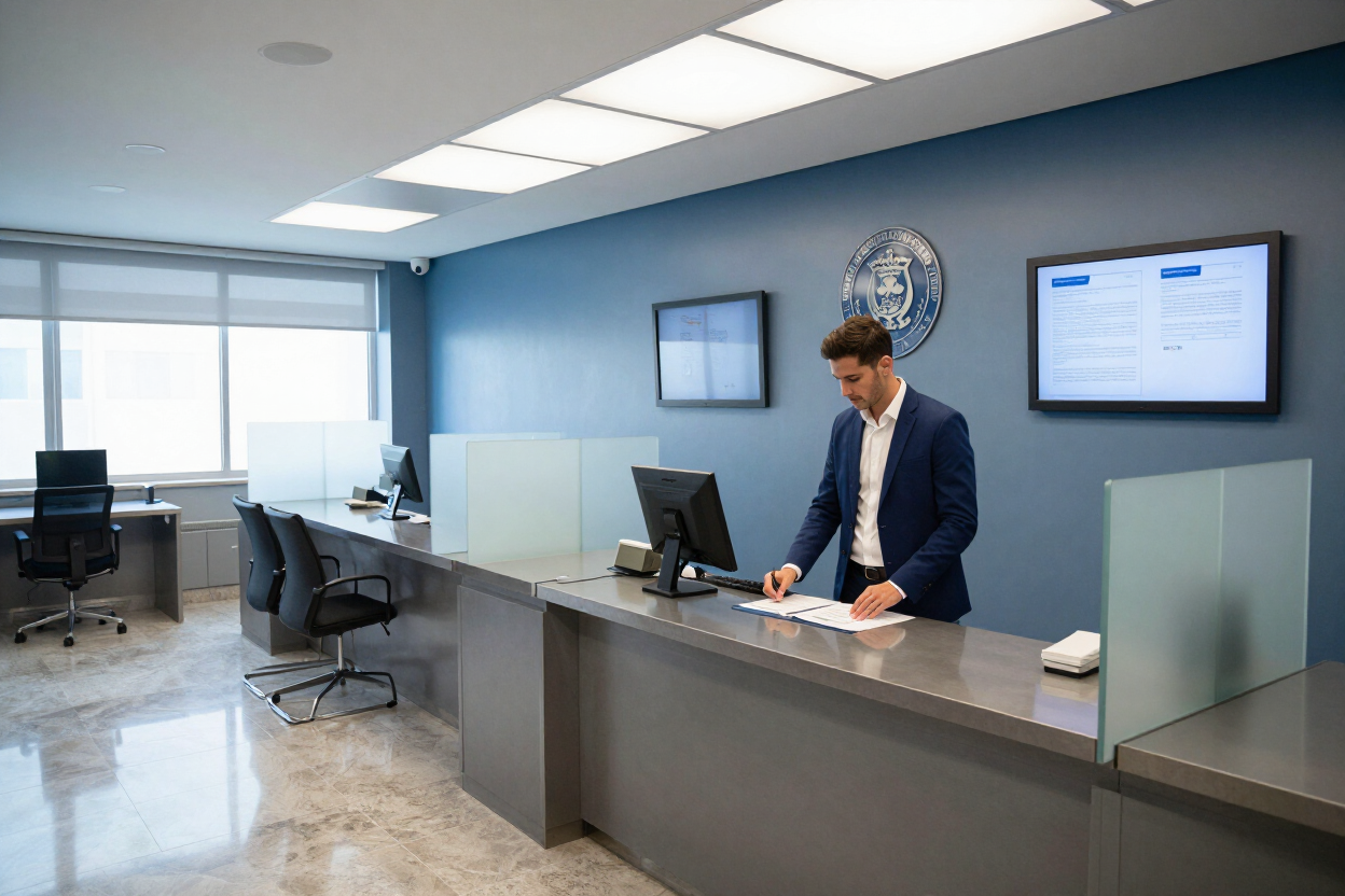 Mostrador de recepción de oficina moderno con un hombre de traje trabajando en un portátil detrás de separadores de cristal.