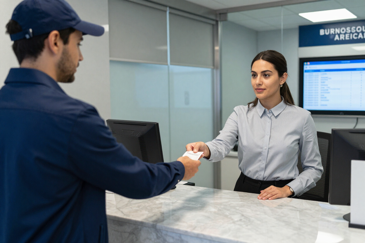 Recepcionista entregando una credencial a un visitante en la recepción de una oficina.