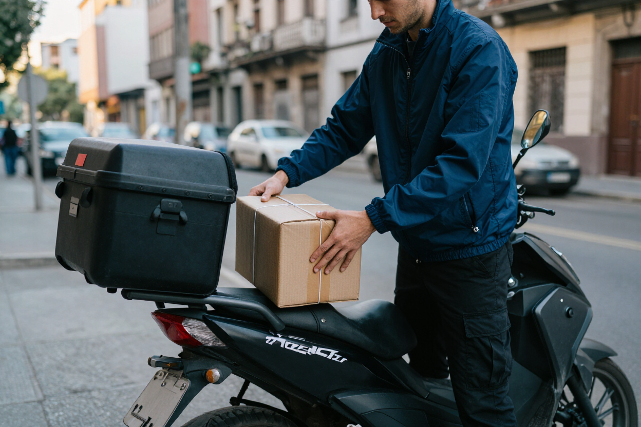 Un repartidor carga una caja de cartón en un scooter con una caja de carga negra en una calle de la ciudad.