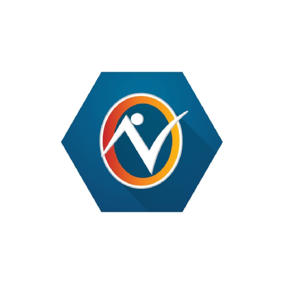 Logotipo hexagonal azul con un anillo naranja y una figura estilizada blanca en el interior.