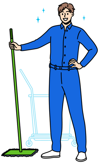 Housework and cleaning workers concept. Young smiling woman and man cleaners in blue uniform standing holding tools for cleaning in hands vector illustration