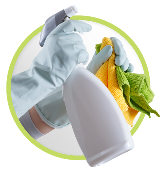 Cleaning service and bio products icon. Hands with gloves, green rag, spray bottle isolated on white background, contacts housekeeping company. Advertisement, Shopping and e commerce banner template.