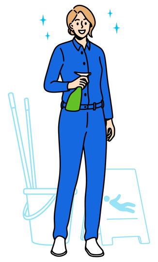 Housework and cleaning workers concept. Young smiling woman and man cleaners in blue uniform standing holding tools for cleaning in hands vector illustration