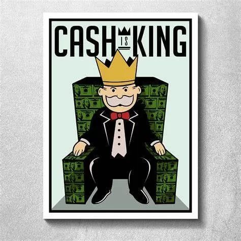 Cash King - A cartoon of a man sitting on a throne surrounded by money.