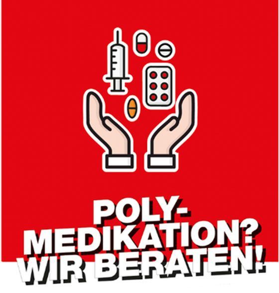 A red sign that says poly-medikation wir beraten