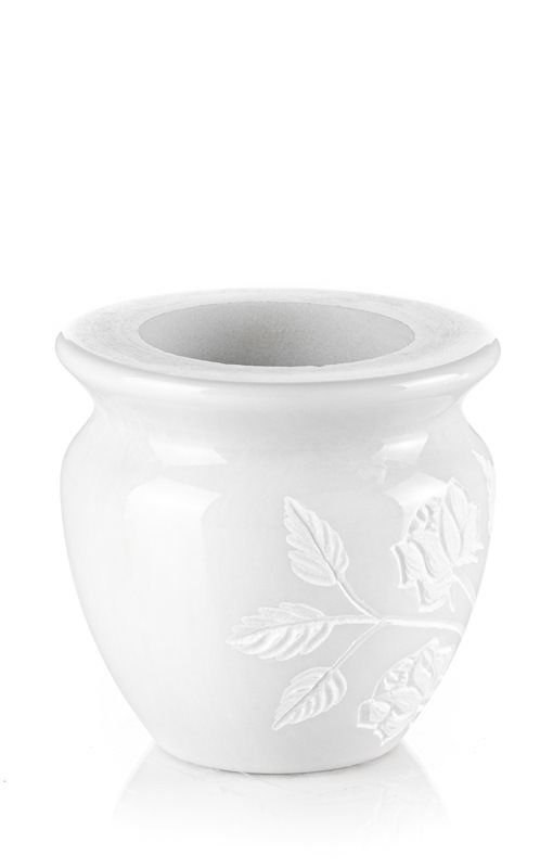 Un vaso bianco con delle foglie su uno sfondo bianco.