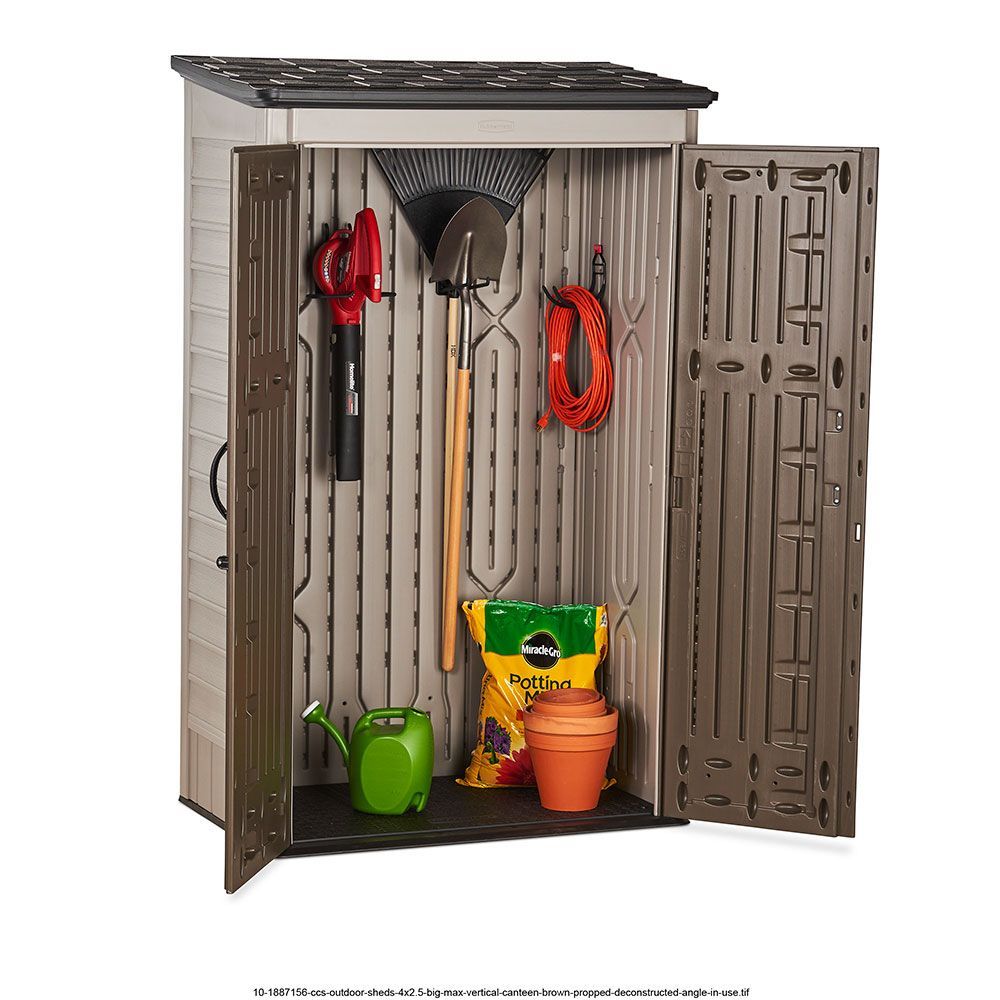 A Rubbermaid Commerical plastic shed filled with gardening tools and a watering can
