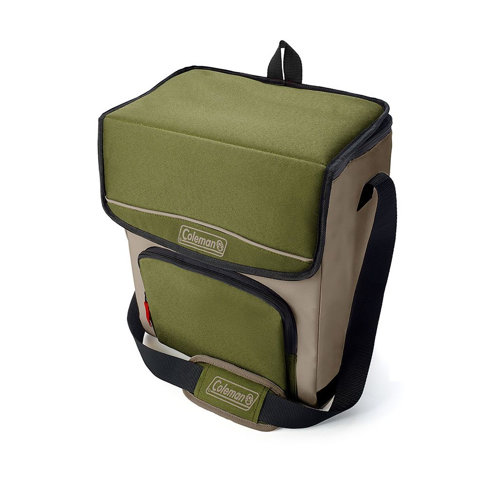 A green coleman cooler bag with a black strap