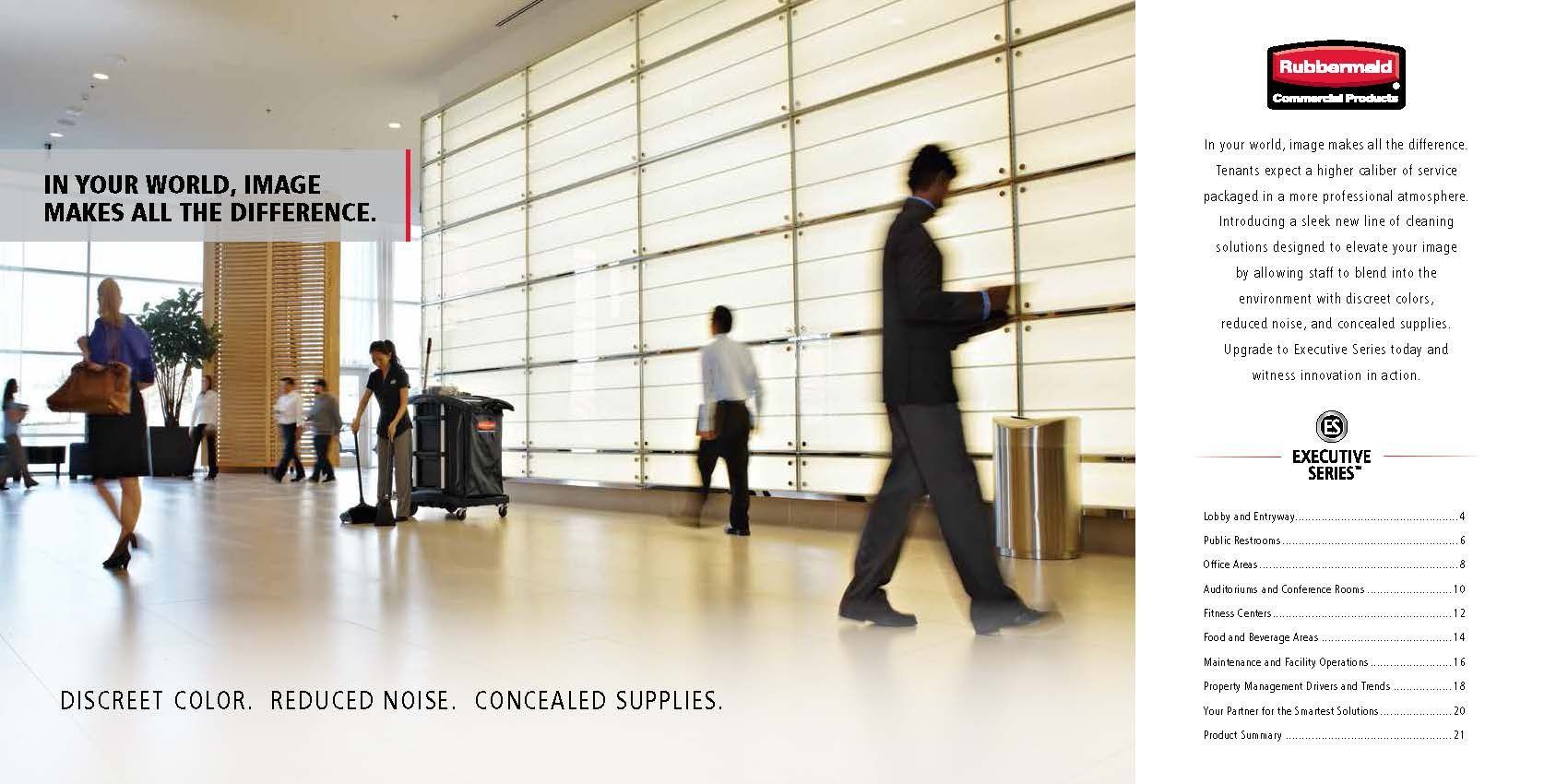 An advertisement for rubbermaid shows a man walking in a lobby