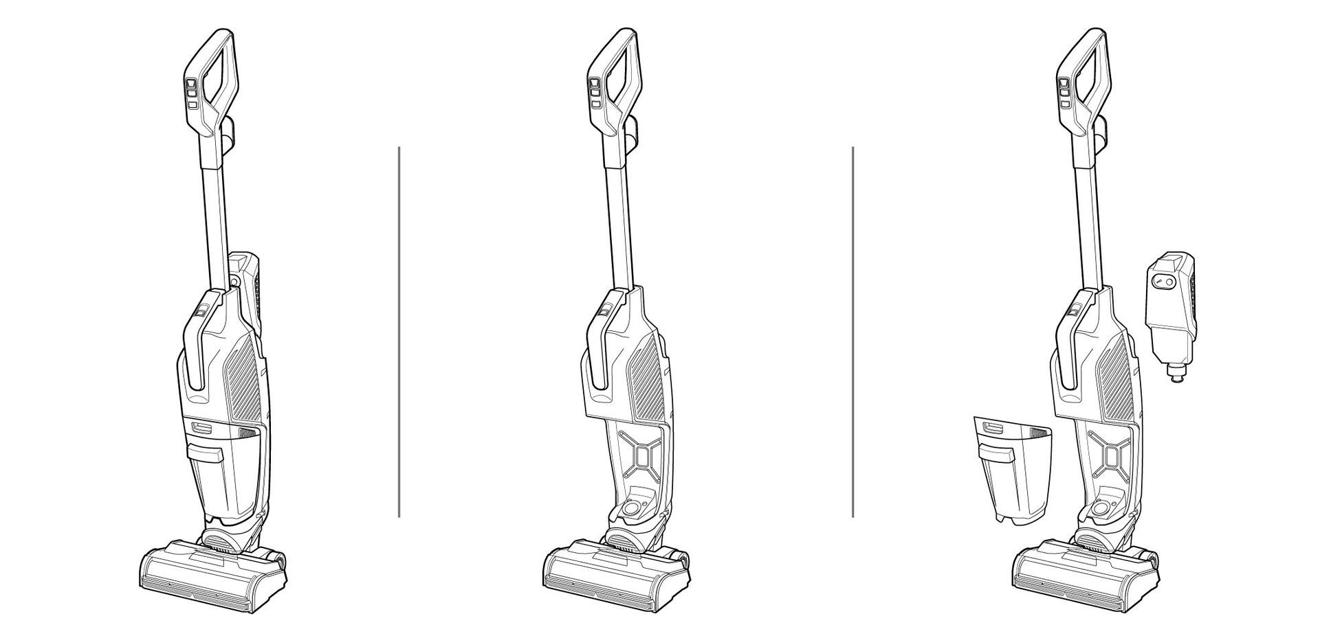 A black and white illustration of a vacuum cleaner in three different positions.