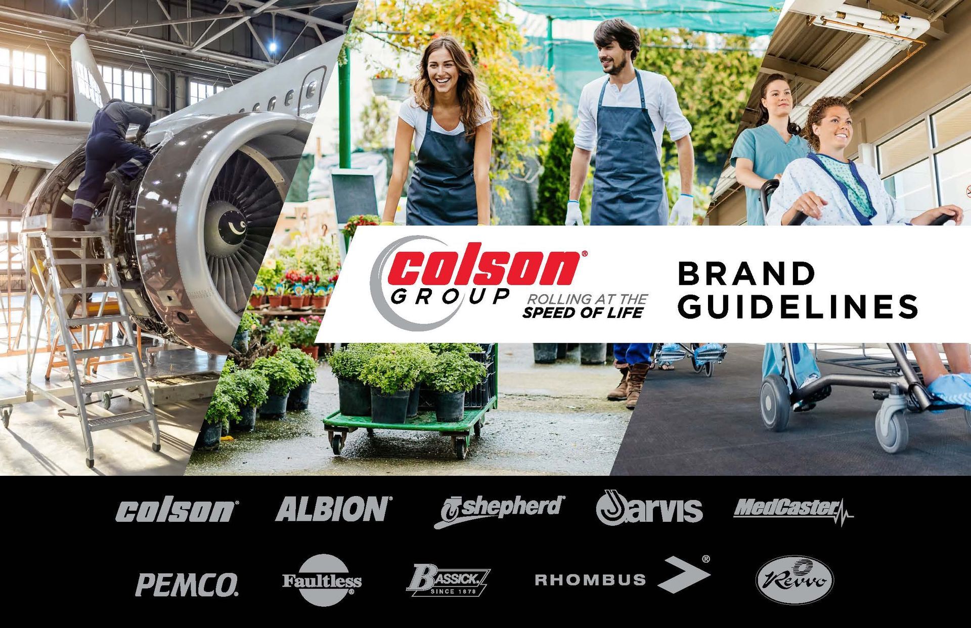 Colson Group brand guidelines showing the uses of their products by medical equipment, airplanes, and flower retailers.