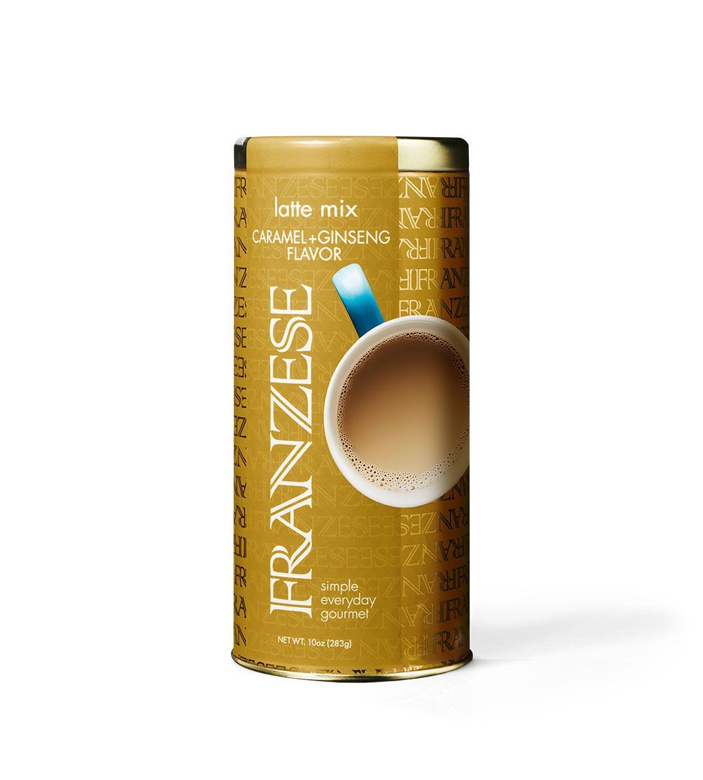 A can of Franzese latte mix with a latte in it.