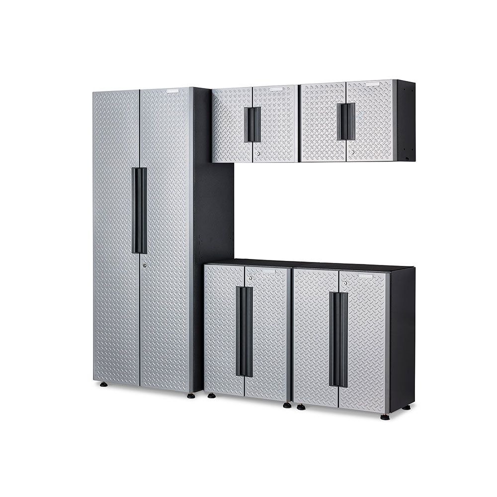 A set of Gladiator stainless steel garage cabinets with black handles on a white background.