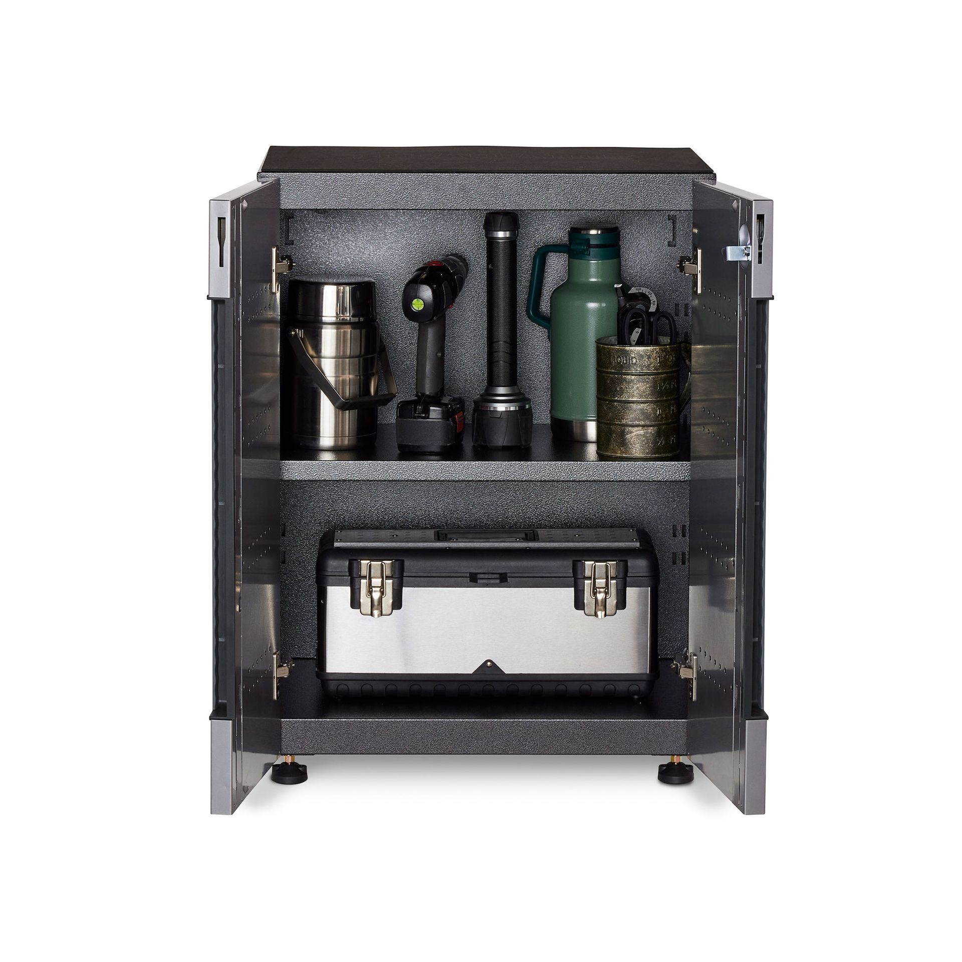 A cabinet filled with various items including a toolbox and thermoses