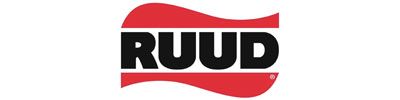 A red and white logo for a company called ruud.