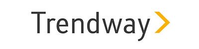 A black and yellow logo for trendway on a white background.