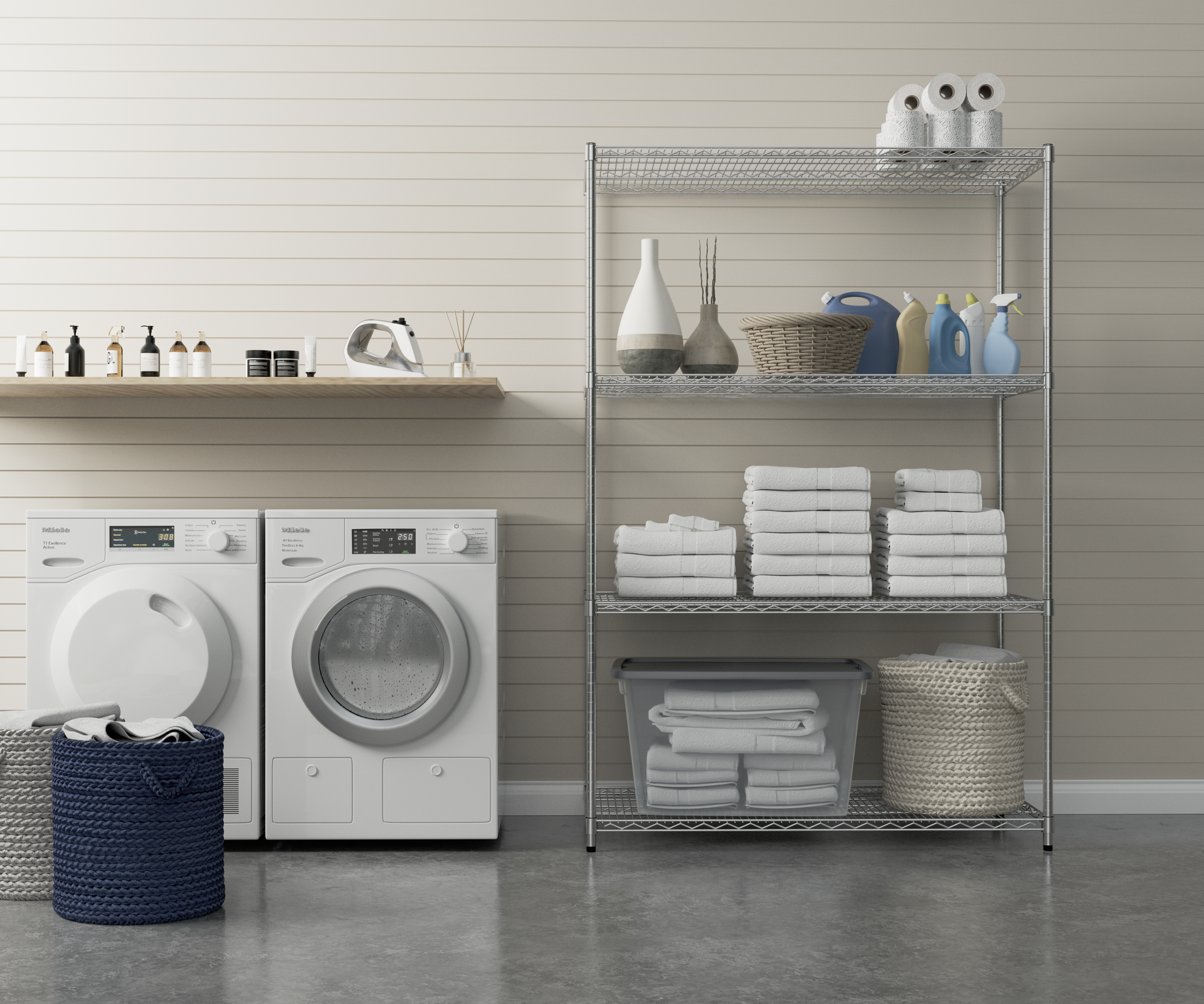 A laundry room with a washing machine and dryer