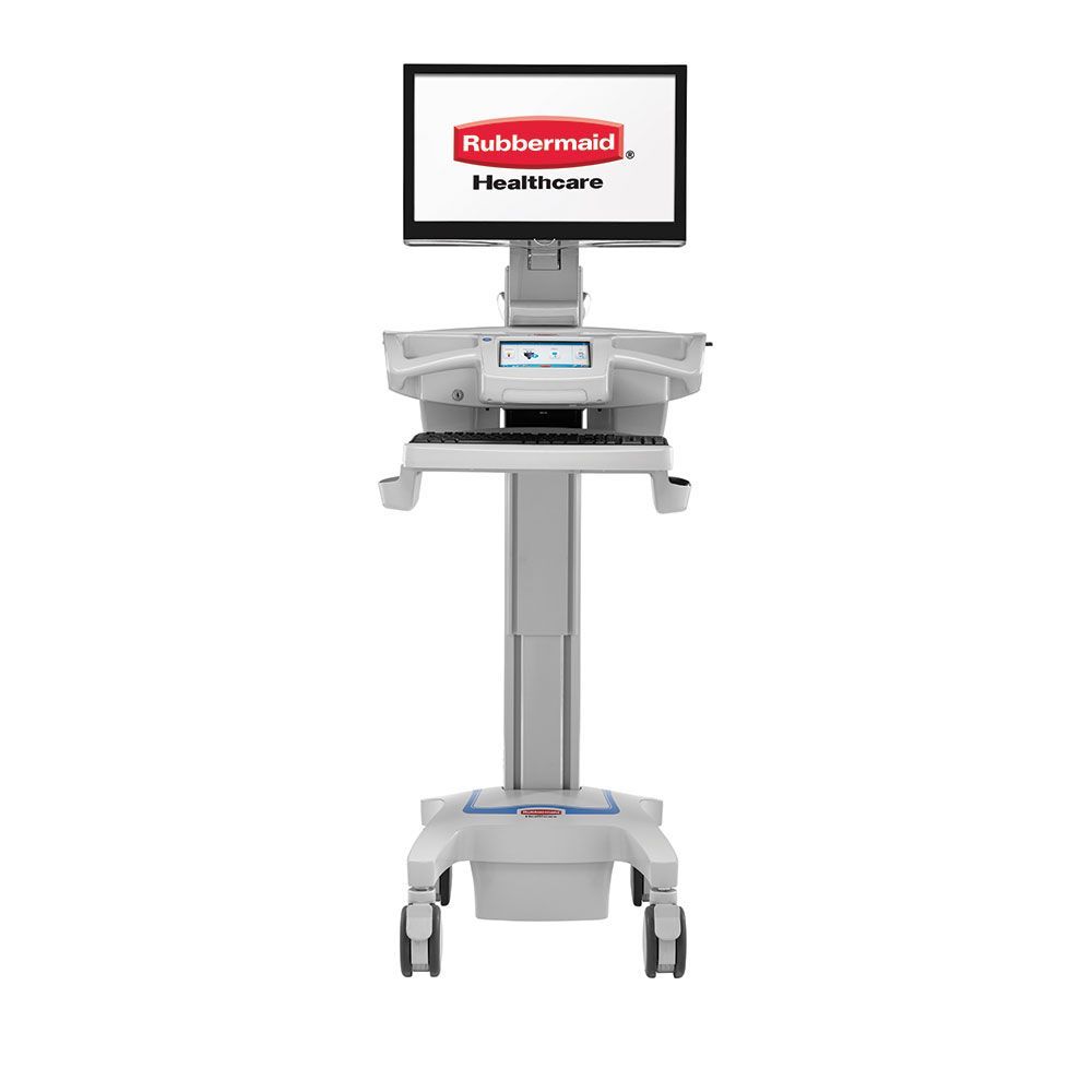 A computer cart with a monitor and keyboard on it.