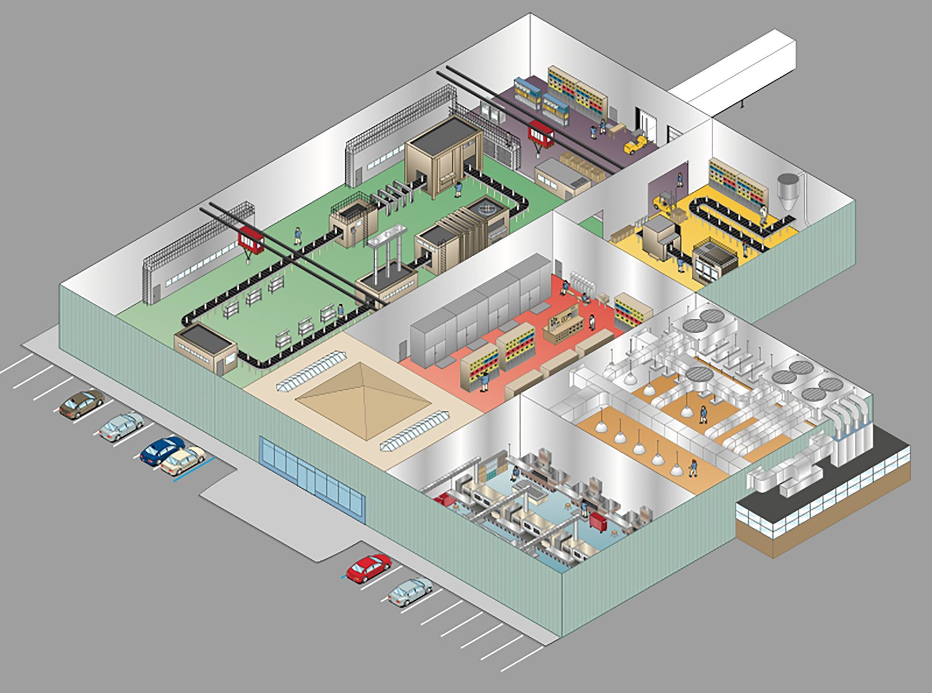 An isometric view of a factory with a lot of machinery