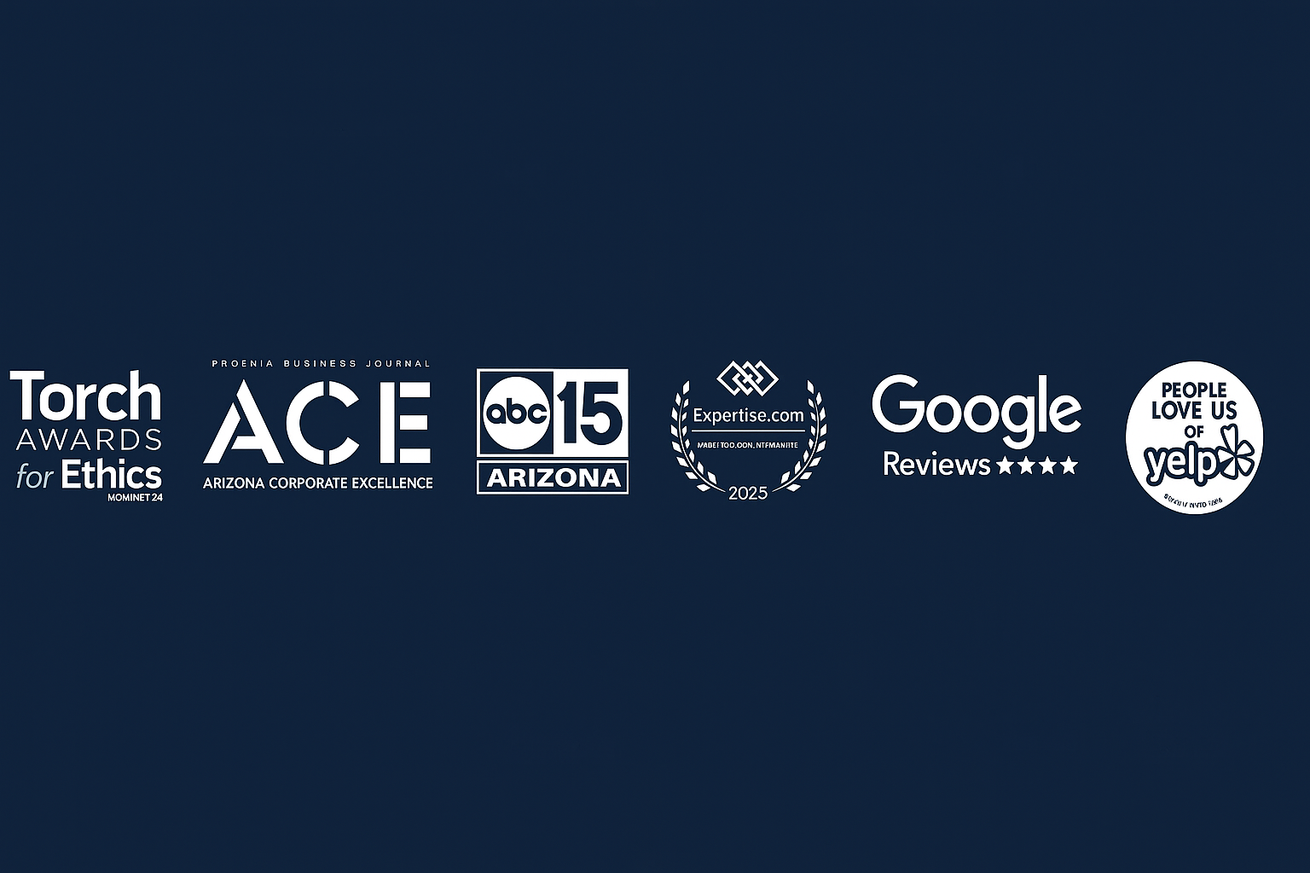 Logos of awards and organizations: Torch Awards for Ethics, ACE, ABC 15 Arizona, Better Business Bureau, Google Reviews, How We Love Gadgets.