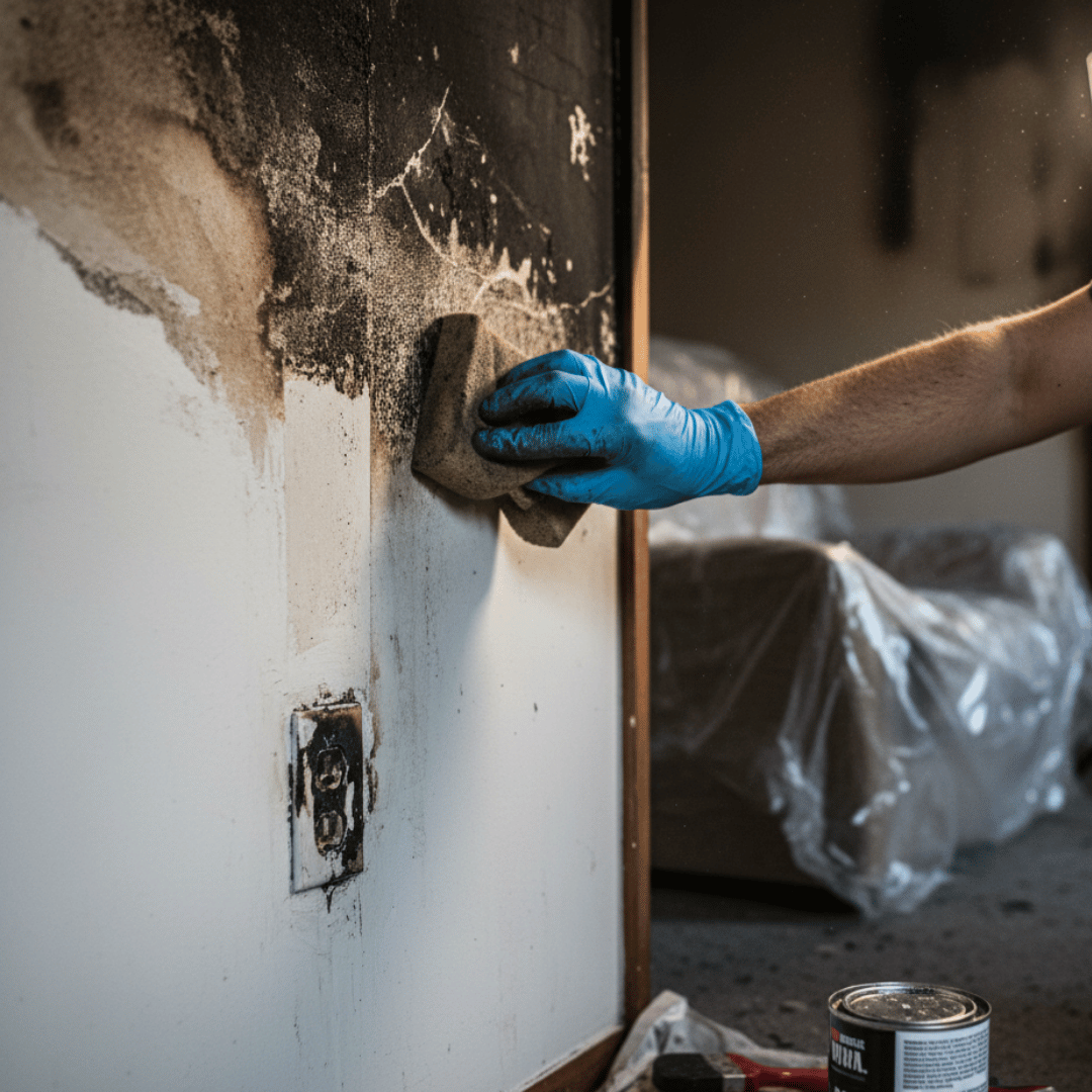 Technician cleaning fire and smoke damage from interior wall surfaces during restoration in Chandler AZ done by United Response