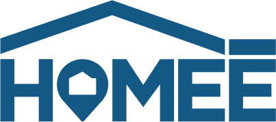 Blue logo with a roof shape above the word 