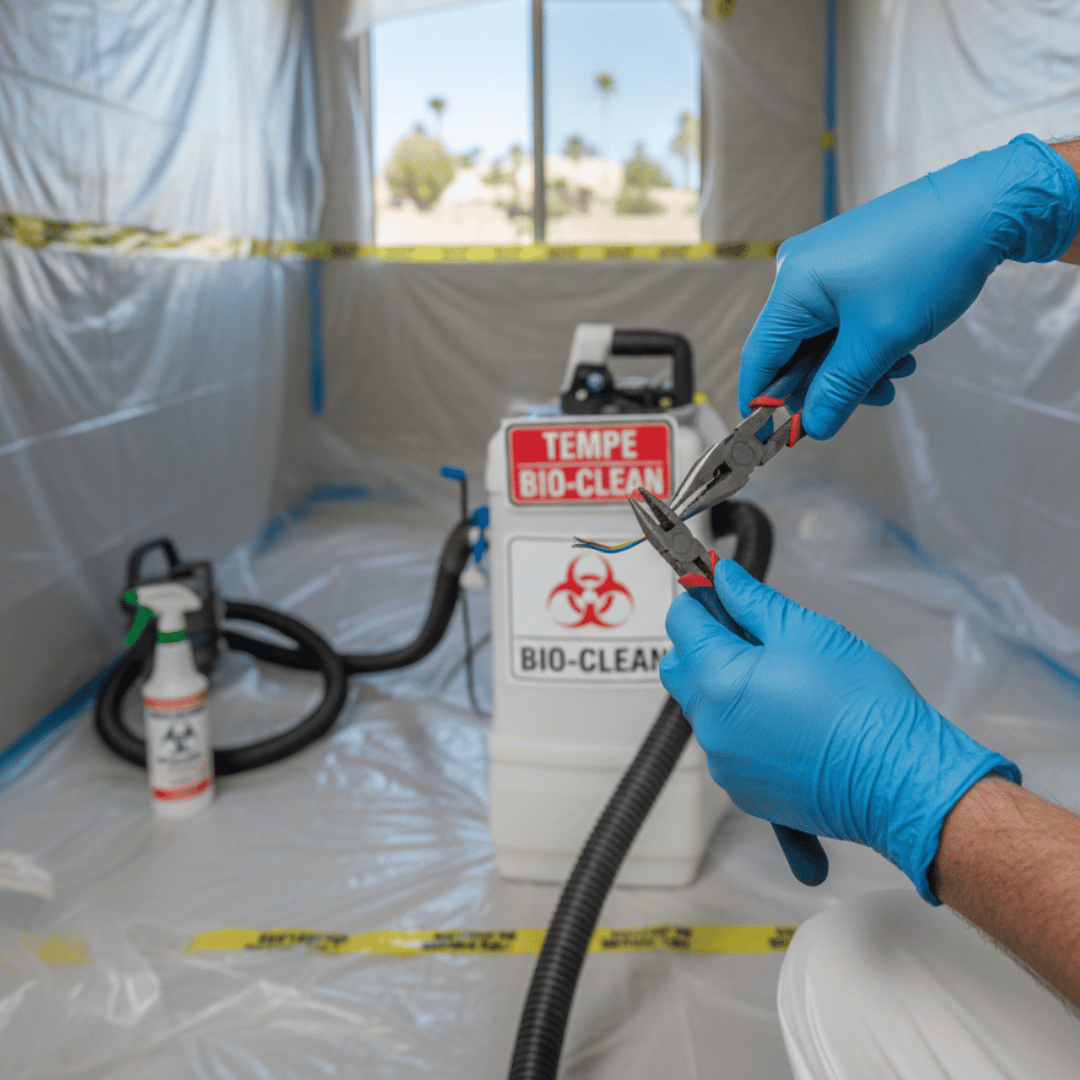 Technician preparing tools inside a sealed biohazard containment area during a Gilbert cleanup project. Ideal FAQ image demonstrating safety protocols and proper procedures used in professional biohazard restoration.