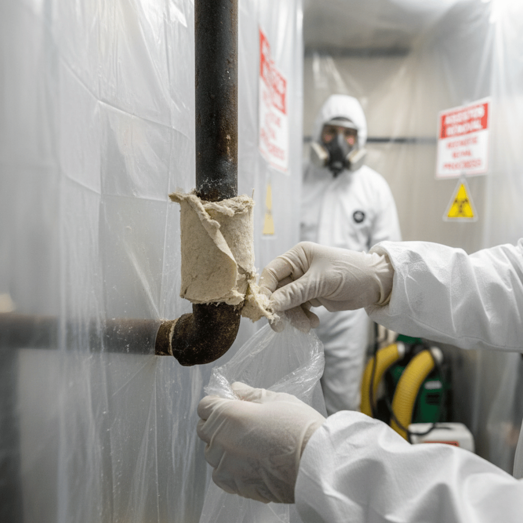 URS Specialist removing asbestos pipe insulation inside a sealed containment area during a Glendale asbestos abatement project.