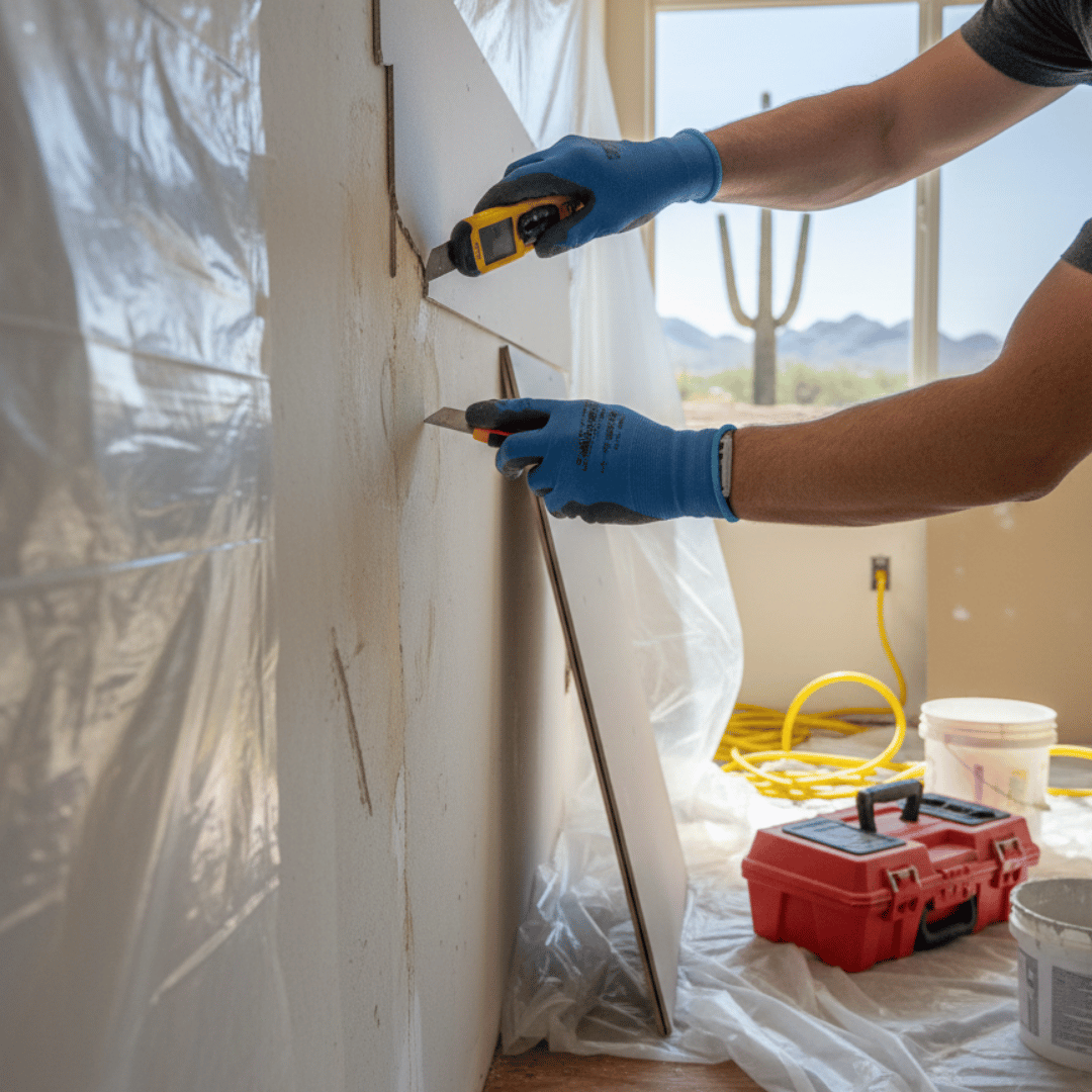 Technician cutting away water damaged drywall in a Mesa home as part of the restoration process.