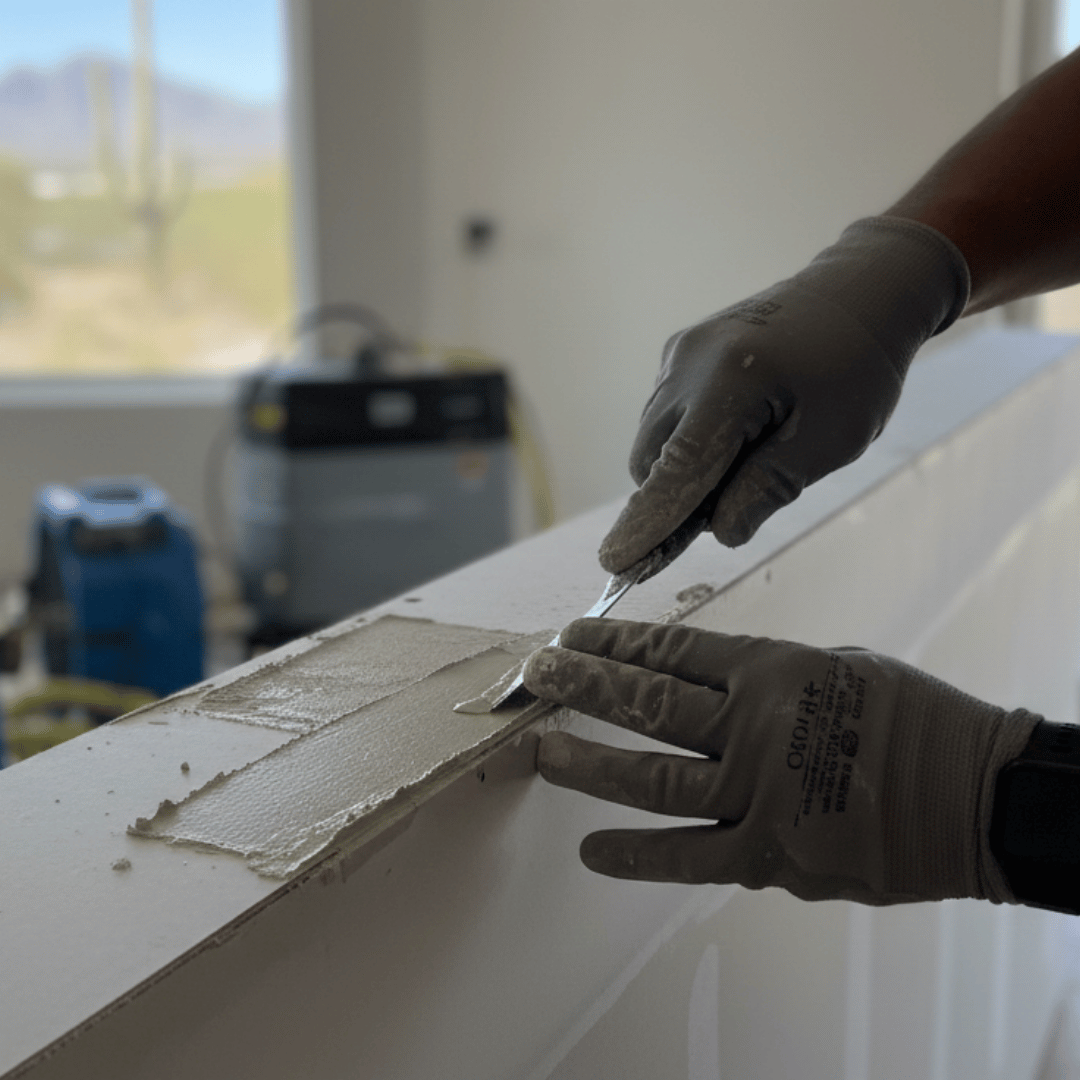 Close up of drywall patching and repair work performed during a Scottsdale water damage restoration service.
