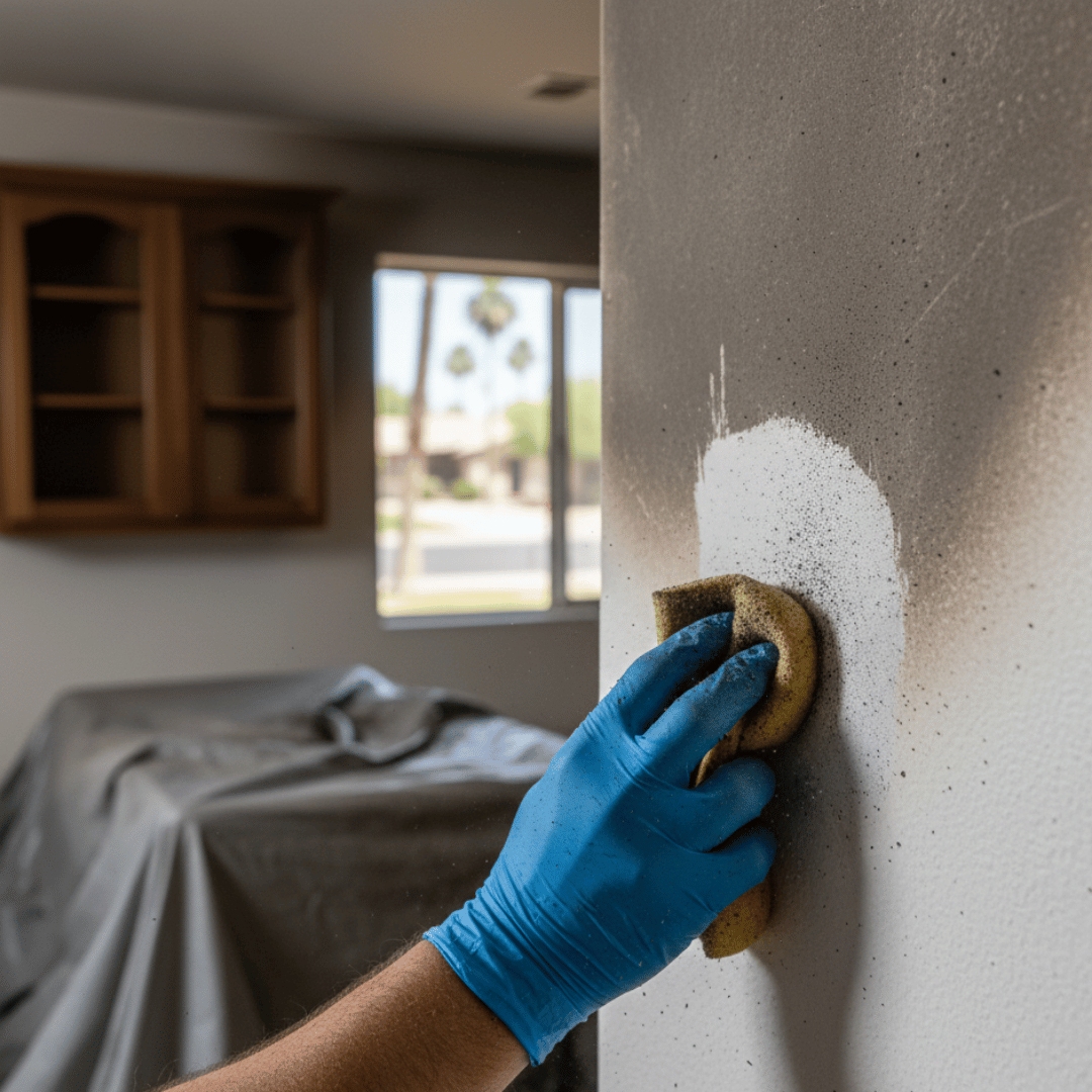 Technician removing soot from an interior wall during a Tempe fire damage cleanup and restoration project.