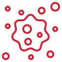 Red virus cell with surrounding virus particles.