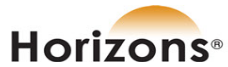 A logo for horizons with a sun in the background