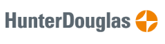 A logo for hunter douglas with an orange arrow
