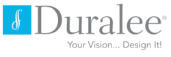 A blue and white logo for duralee your vision design it