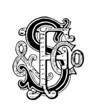 A black and white drawing of a monogram with the letter g and o.