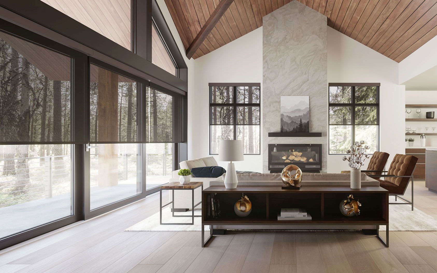 A living room with a fireplace and lots of windows with shades installed