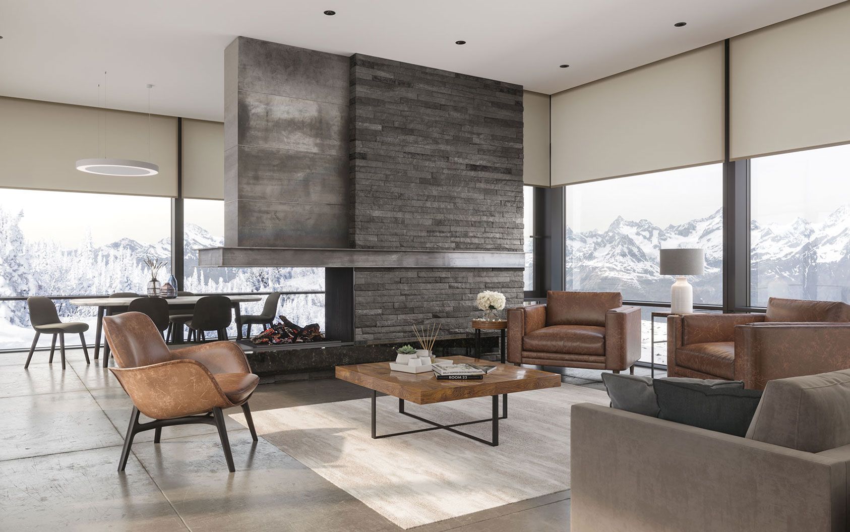 A living room filled with furniture and white window shades installed on windows.