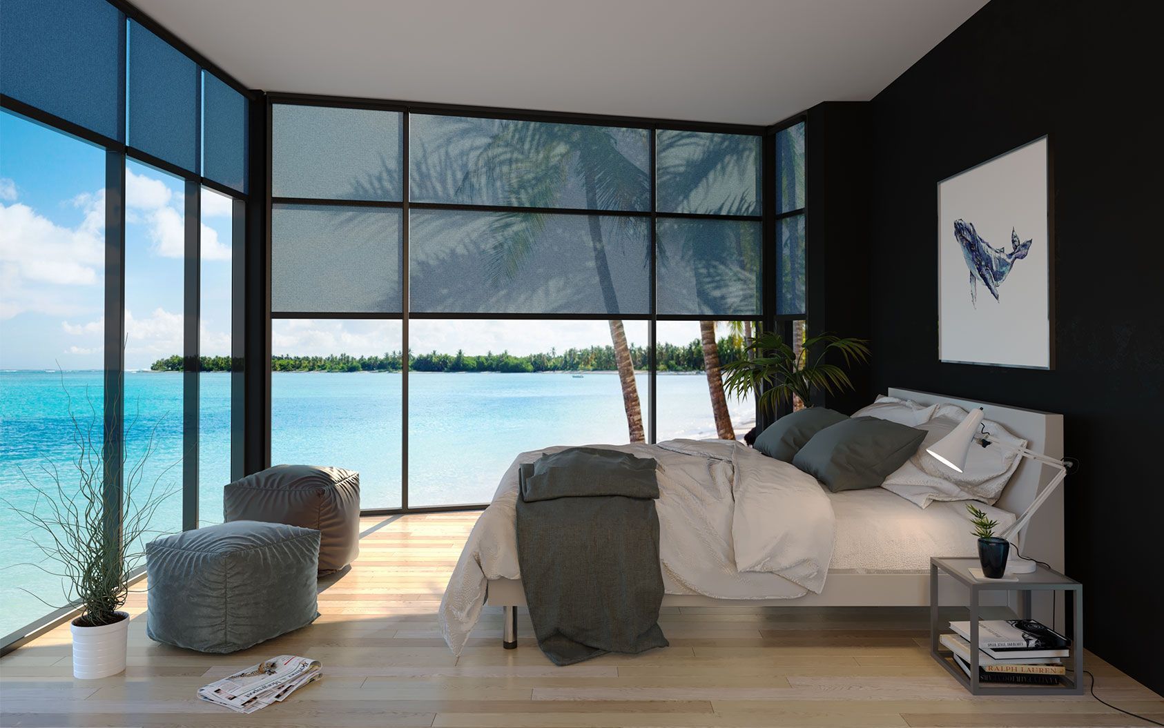 A bedroom with a bed and window shades installed on windows.