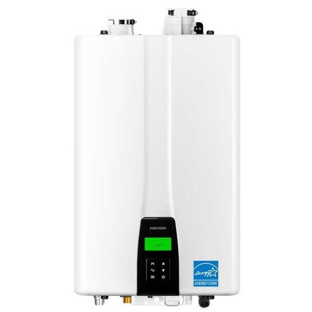 A white water heater is sitting on a white surface.