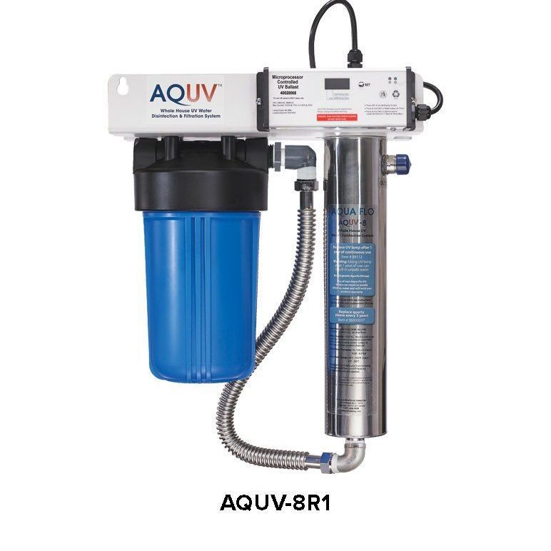 An aquv water filter with a hose attached to it